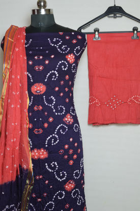 Picture of Violet and Peach Tie and Dye Bandhani Silk Cotton Dress Material