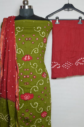 Picture of Mehandi Green and Red Tie and Dye Bandhani Silk Cotton Dress Material