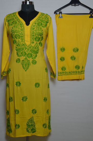 Picture of Hand Embroidered Yellow Rayon Lucknow Chikankari Suit