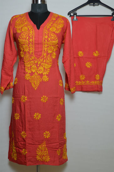 Picture of Hand Embroidered Peach Rayon Lucknow Chikankari Suit