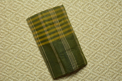 Picture of Khakhi Bengal Cotton Saree with Green Stripes and Double Purple Border