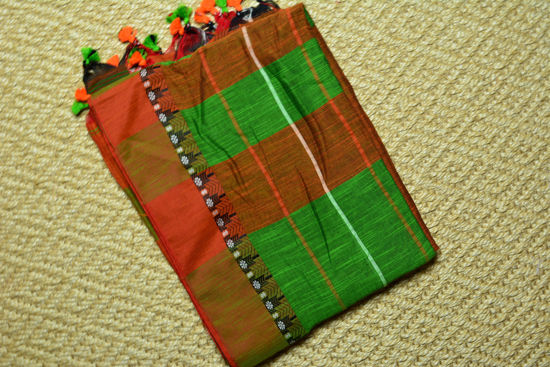 Picture of Orange and Green Soft Naksha Handloom Cotton Saree