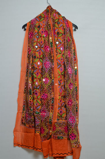 Picture of Orange Rajasthani Cotton Mirror Work Dupatta