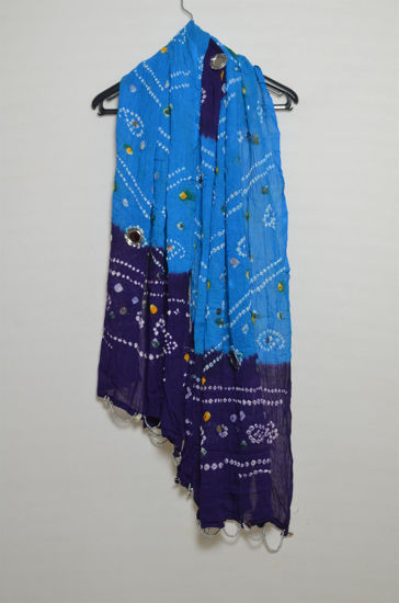 Picture of Blue and Violet Cotton Bandhani Mirror Work Dupatta