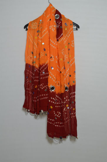 Picture of Mango Yellow and Red Cotton Bandhani Mirror Work Dupatta