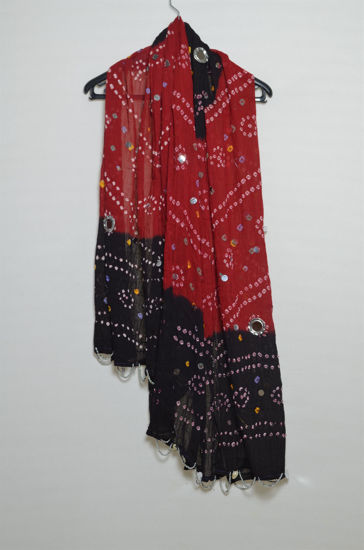 Picture of Red and Black Cotton Bandhani Mirror Work Dupatta