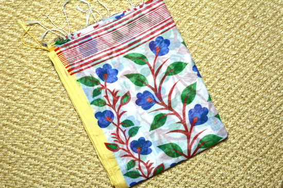 Picture of White Baha Saree with Red and Blue Floral Print