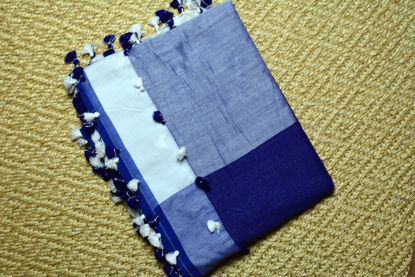 Picture of Blue and White Handloom Pom Pom Saree