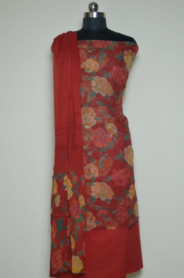 Picture of Brick Red Floral Munga Kota Doria Dress Material