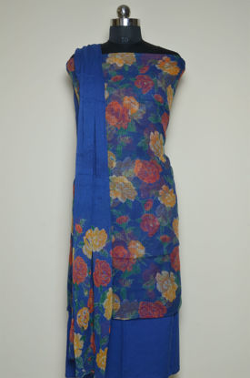 Picture of Prussian Blue Floral Munga Kota Doria Dress Material