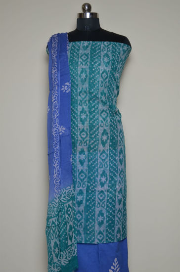 Picture of Sea Green and Teal Blue Batik Print Munga Kota Doria Dress Material