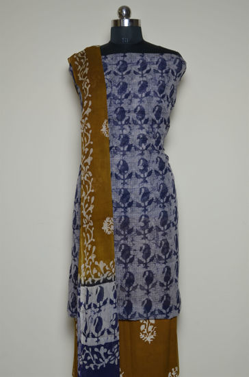 Picture of Prussian Blue and khaki Batik Print Munga Kota Doria Dress Material