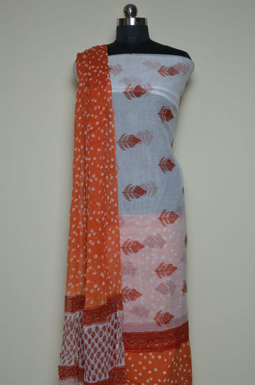 Picture of White and Orange Floral Munga Kota Doria Dress Material