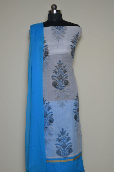 Picture of White and Blue Floral Munga Kota Doria Dress Material