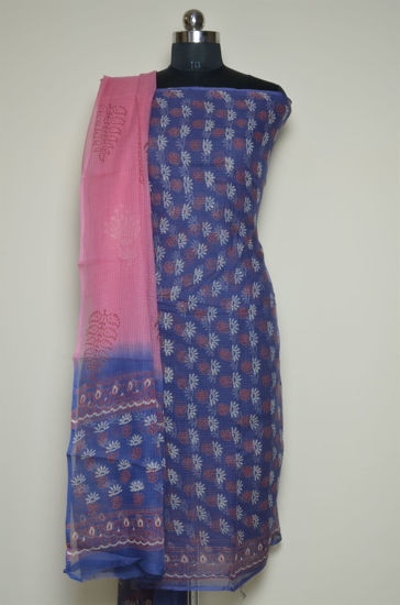 Picture of Prussian Blue and Peach Floral Munga Kota Doria Dress Material