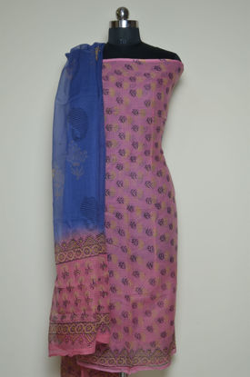Picture of Peach and Prussian Blue Floral Munga Kota Doria Dress Material