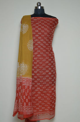 Picture of Brick Red and Mustard Yellow Floral Munga Kota Doria Dress Material