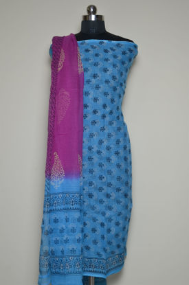 Picture of Blue and Pink Floral Munga Kota Doria Dress Material