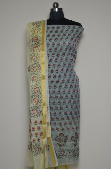 Picture of Mint Green and Lemon Yellow Floral Kota Doria Dress Material