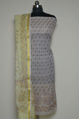 Picture of Nude and lemon yellow Floral Kota Doria Dress Material