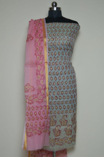 Picture of Sea Blue and Pink Floral Kota Doria Dress Material