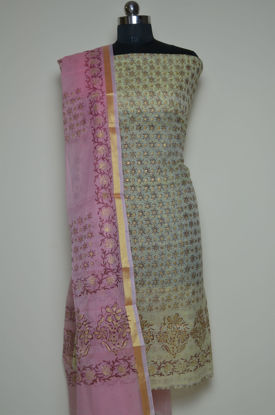 Picture of Lemon Yellow and Pink Floral Kota Doria Dress Material