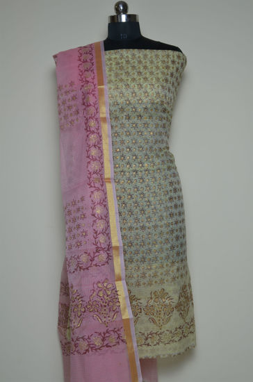 Picture of Lemon Yellow and Pink Floral Kota Doria Dress Material