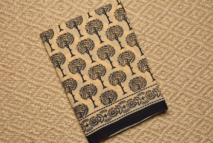 Picture of Beige and Black Bagru Printed Malmal Cotton Saree