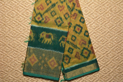 Picture of Mustard Yellow and Green Pochampally Ikkat Silk Cotton Saree