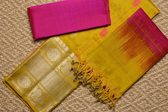 Picture of Yellow and Pink Mangalagiri Silk Dress Material