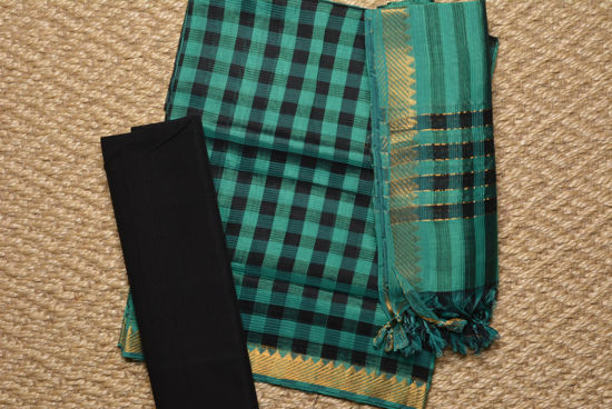 Picture of Sea Green and Black Mangalagiri Silk Dress Material