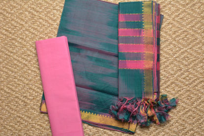 Picture of Sea Green and Pink Mangalagiri Silk Dress Material
