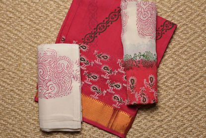 Picture of Pink and Ivory White Block Print Mangalagiri Cotton Dress Material