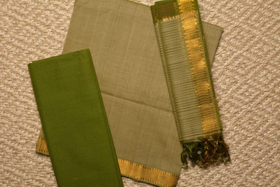 Picture of Beige and Olive Green Mangalagiri Cotton Dress Material
