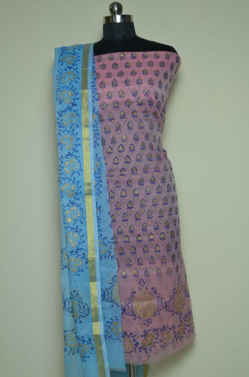 Picture of Pink and Blue Floral Kota Doria Dress Material