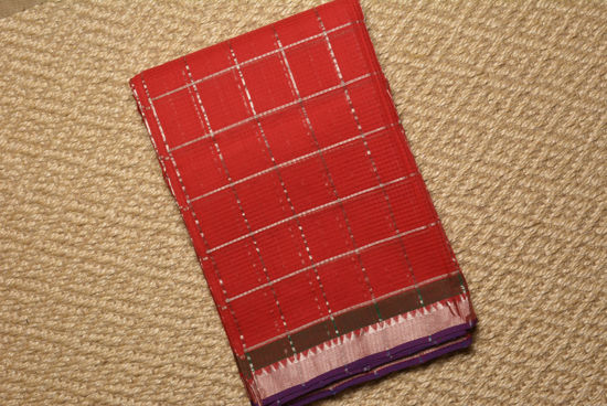 Picture of Red and Green Mangalagiri Silver Checks Handloom Cotton Saree