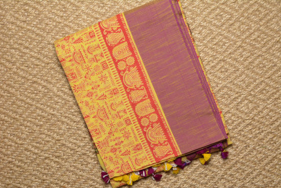 Picture of Lemon Yellow and Red Handloom Cotton Saree