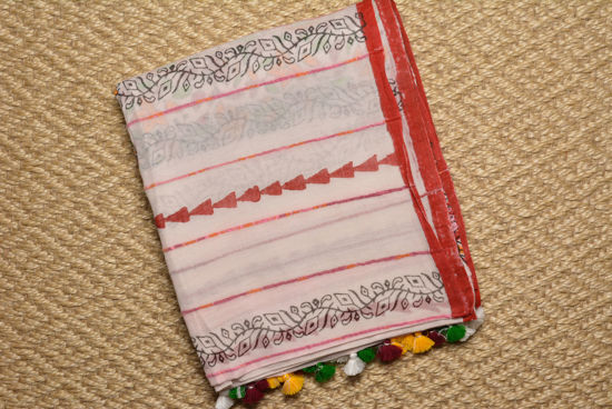 Picture of White and Red Handloom Soft Cotton Saree