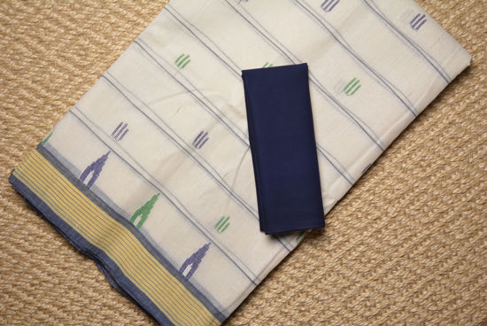 Picture of Ivory White and Navy Blue Stripes Bengal Cotton Saree