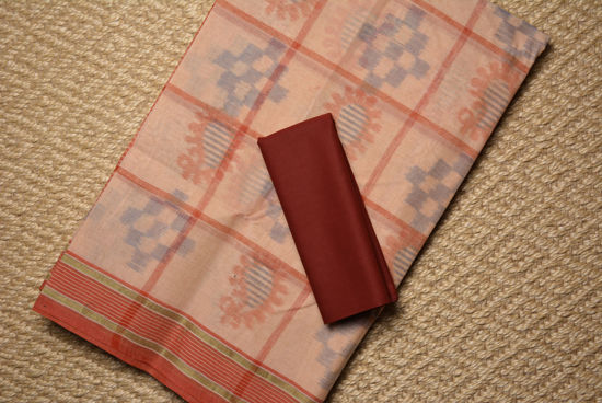 Picture of Nude and Brick Red Bengal Cotton Saree with Pochampally Print