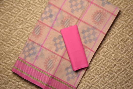Picture of Nude and Pink Cotton Saree with Pochampally Print