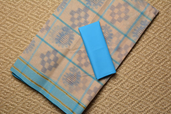 Picture of Nude and Blue Bengal Cotton Saree with Pochampally Print