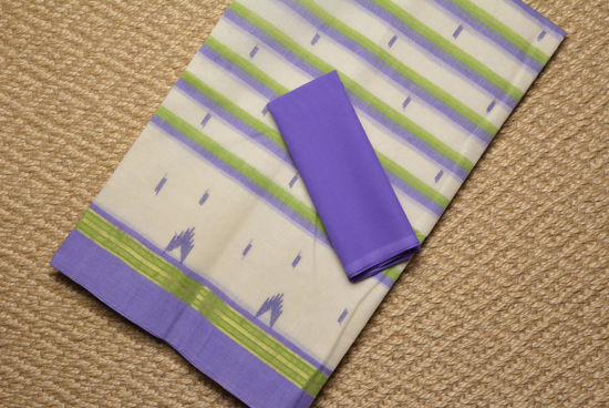 Picture of Ivory White Bengal Cotton Saree with Lavender and Green Stripes