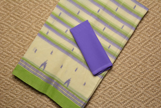 Picture of Cream White Bengal Cotton Saree with Green and Lavender Stripes