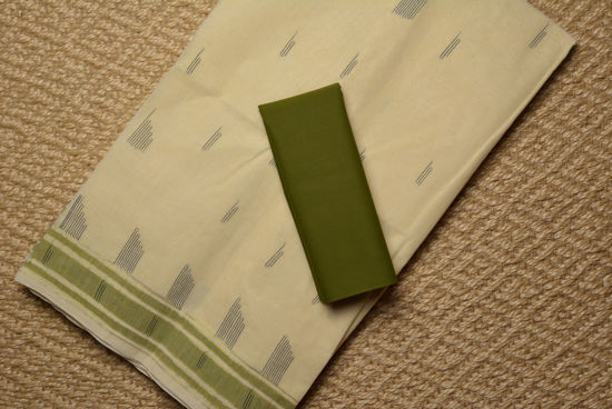 Picture of Ivory White and Olive Green Bengal Cotton Saree