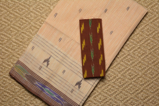 Picture of Nude and Brown Bengal Cotton Saree with Pochampalli Border