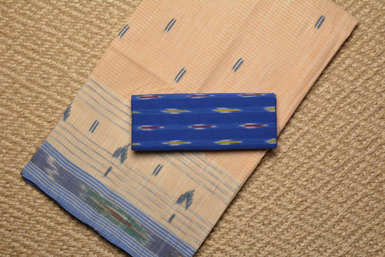 Picture of Nude and Blue Bengal Cotton Saree with Pochampalli Border