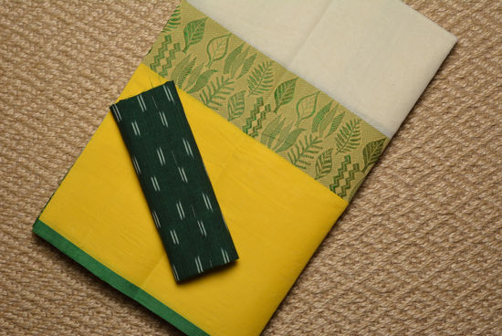 Picture of Ivory White,  Yellow and Green Big Border Bengal Cotton Saree