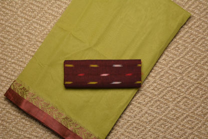 Picture of Olive Green and Maroon Plain Bengal Cotton Saree