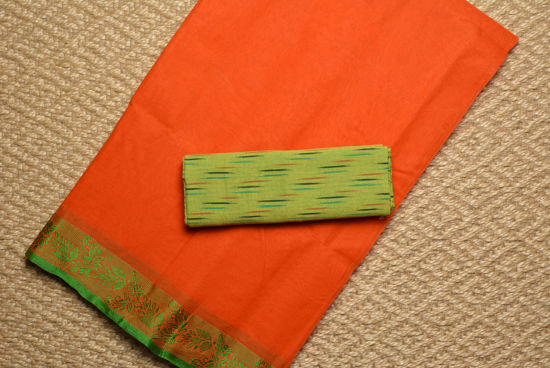Picture of Orange and Green Plain Bengal Cotton Saree